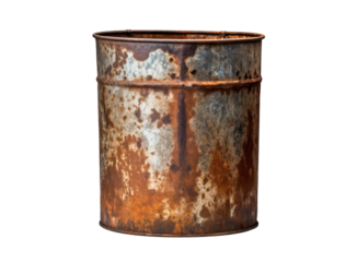 old metal bucket or barrel with thick rust layer rusty surface isolated on white or transparent png