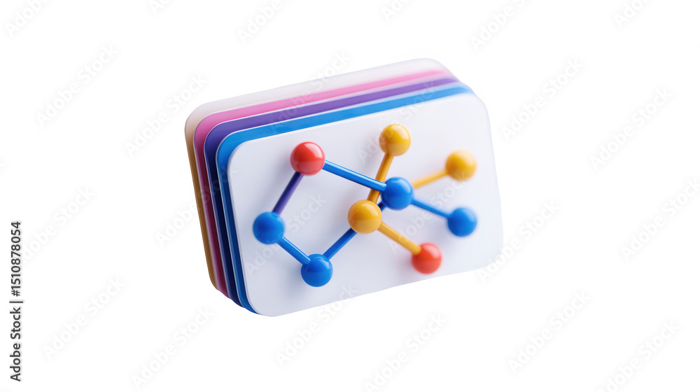 Poster colorful spheres connected by sticks forming a network on a white card with a colorful layered edge,