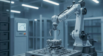 Mechanical arms spark and grip, welding engine parts in a sleek smart factory. The blue glow reveals a world where robotics lead industrial progress and human roles are redefined.