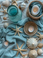 Obraz na płótnie Canvas dynamic flat lay of coastal decor with starfish and lanterns, textured linen surface, minimalist style, bright natural light, pastel blue and beige tones, top-down view 