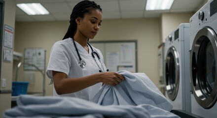Nurse carefully folds clean linens in a hospital laundry room during a hectic workday