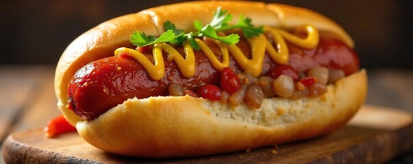 Juicy pork hot dog on a toasted bun, with mustard and relish Perfect for a summer BBQ or a quick lunch Close-up shot highlighting texture and deliciousness , german sausage, delicious, pork sausage