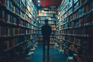 Obraz premium Man standing in a library surrounded by floating books silhouette