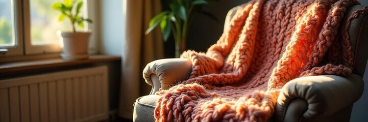 Cozy scene of a chunky knit wool throw draped over a rustic wooden armchair, sunlight streaming through a nearby window, highlighting the soft texture of the wool , rustic, snug, living room