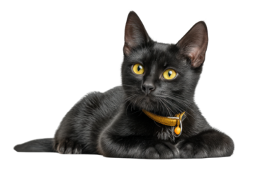 PNG Black cat with yellow collar lying down against white background