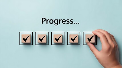 Minimalist progress concept on a light background. Wooden blocks arranged in a row, created with generative ai