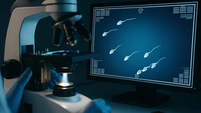 Lab scientist analyzing sperm sample under microscope with results displayed on a computer screen, illustrating fertility testing, reproductive science, and diagnostics.