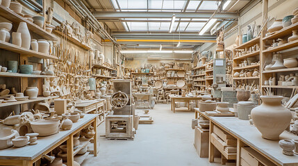 Well-lit Ceramic Workshop Filled with Clay Pots and Sculptures