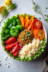 A vibrant and healthy lunch spread featuring a colorful array of fresh vegetables, grains, and protein, perfect for a nutritious and satisfying midday meal , broccoli, delicious