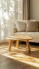 Obraz premium Sunlit wooden floor interior casting warm shadows across living space highlighting minimal decor natural lighting ideal for architecture and real estate marketing content