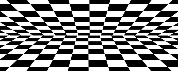 Chess perspective floor background. Black and white chessboard perspective floor texture. Checker board pattern surface. Fading away vanishing checkerboard background. Abstract vector illustration.
