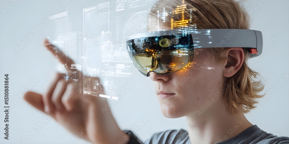 Poster exploring the future virtual reality experience technology lab digital media high-tech environment c