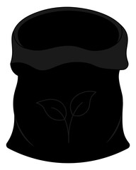 Empty peat bag. Soil bag. Silhouette. Vector illustration. Isolated white background. Sprout with leaves outline on the label. Cartoon. Web design idea