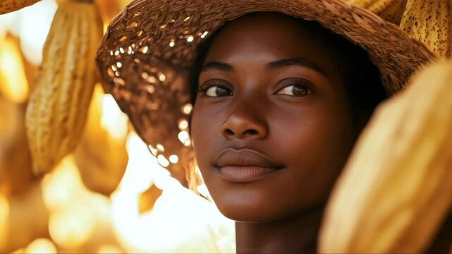 An African-American woman with cocoa beans.