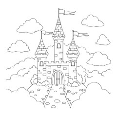 Fototapeta premium Fantasy castle coloring page illustration for children with clouds and flags
