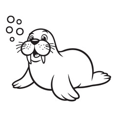 Fototapeta premium Funny walrus coloring page illustration for children with bubbles in a cheerful style