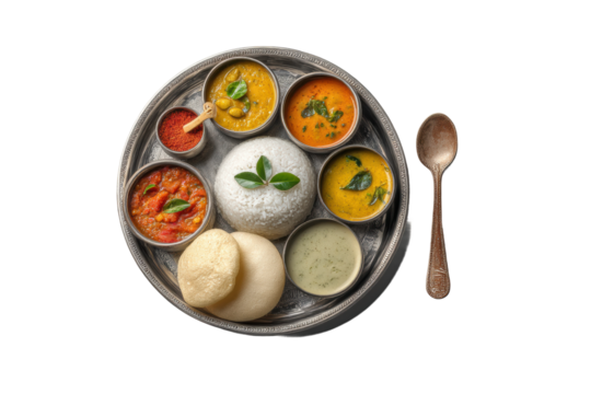 PNG Traditional indian thali with rice, curries, and spices on a silver plate