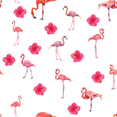 Seamless pattern with cute flamingo with tropical monstera and palm leaves, swimwear fabric.