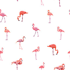 Seamless pattern with cute flamingo with tropical monstera and palm leaves, swimwear fabric.