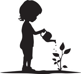silhouette of child watering plant, nurturing growth, environmental care, gardening, childhood innocence, nature conservation