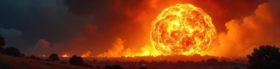 A fiery explosion of a fireball, engulfing the landscape in intense heat and bright orange flames The destructive power is vividly captured in this dynamic image , catastrophe, conflict, molten