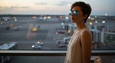 A woman stands near a terminal window, wearing sunglasses while observing the busy airport at dusk