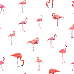 Seamless pattern with cute flamingo with tropical monstera and palm leaves, swimwear fabric.