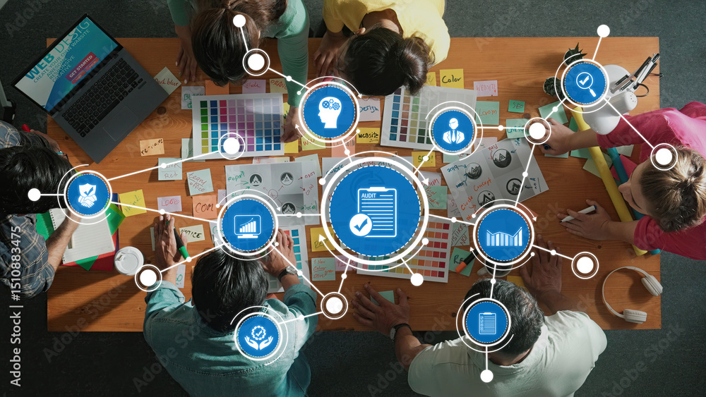 Poster creative team collaborating on project with color charts and digital tools in modern workspace, inno