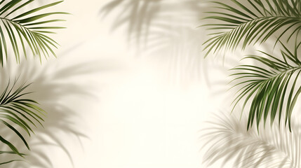 Blurred shadow from palm leaves on light cream wall. Minimalistic beautiful summer spring background for product presentation.