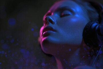 Serene Sounds: A woman is lost in musical bliss, immersed in her private world through headphones, embraced by a violet and blue atmosphere, showcasing quiet contemplation. 