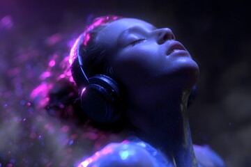 Sonic Serenity: A woman embraces the transformative power of music, lost in a world of sound through headphones, as a cascade of digital light particles surrounds her.