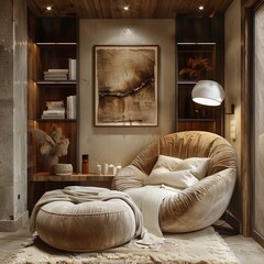 cozy home reading nook with plush chair and ottoman, warm lamplight, realistic style, earthy brown and beige tones, angled composition with negative space at sides