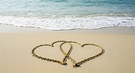 Romantic beach scene with two hearts drawn in the sand near the ocean waves, perfect for Valentine's Day or wedding themes.