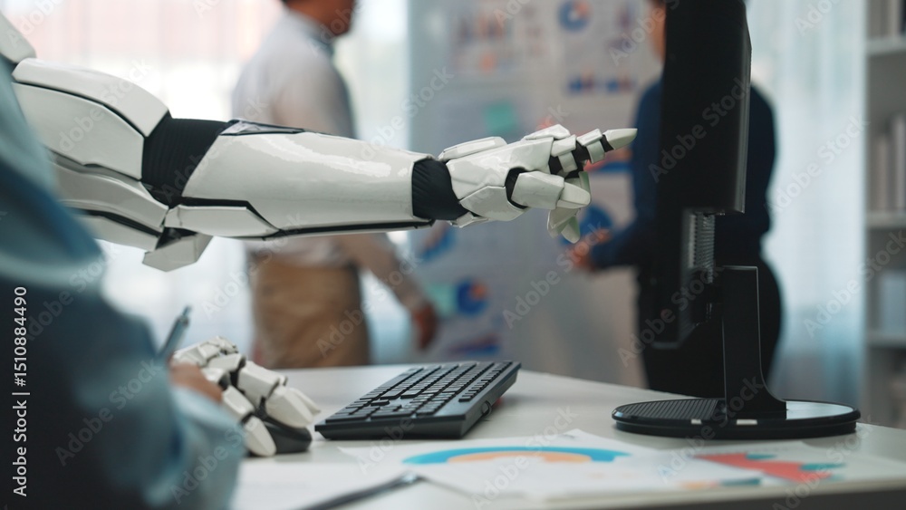 Aufkleber a robotic arm points at a computer screen displaying data in a contemporary office, highlighting tea