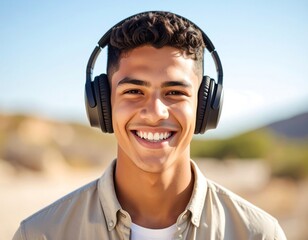 Smiling teen with headphones outdoors