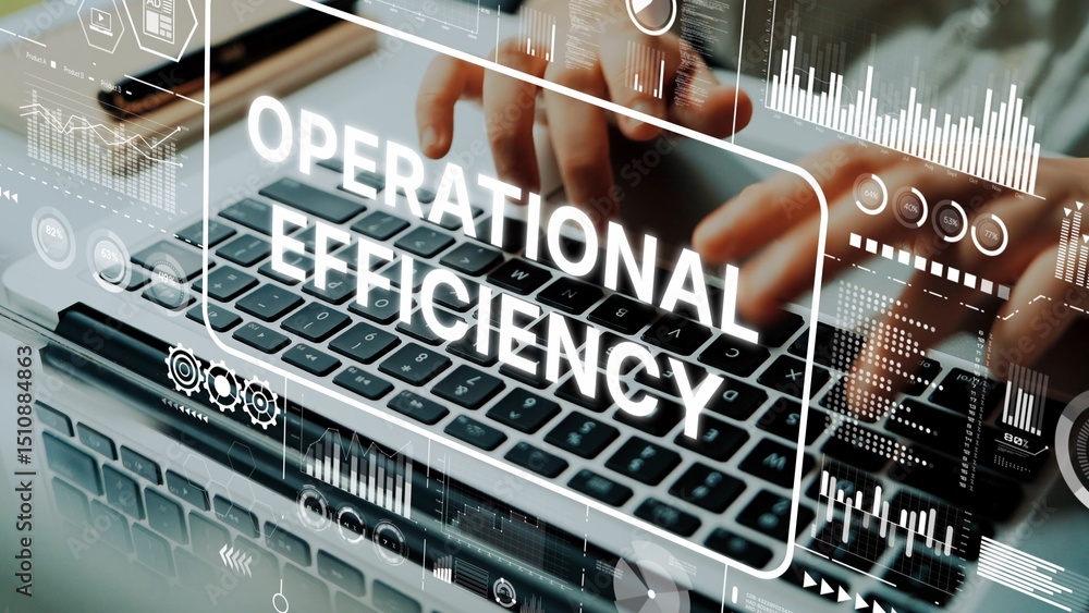 Poster hands typing on a laptop keyboard with digital graphs illustrating operational efficiency and modern