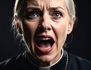Caucasian female adult in clerical attire expressing surprise or shock