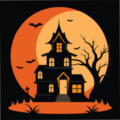 Spooky silhouette of a haunted house with bats in the sky at sunset