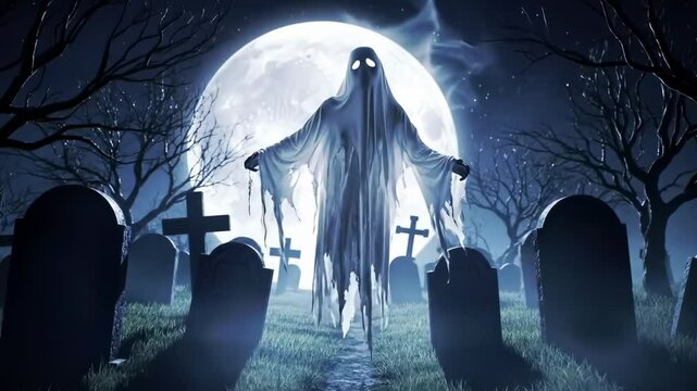 Spooky ghost floating over cemetery path with glowing eyes. Halloween nightmare concept.
