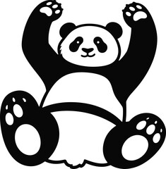 Cheerful panda with raised paws smiling, Happy panda waving arms up