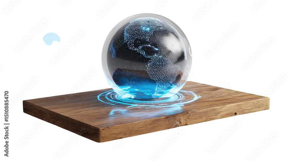 Poster rotating hologram of planet earth displayed on a futuristic interactive interface, resting on a simp