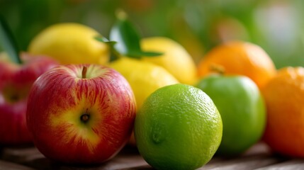 A green apple and a red apple are sitting on a table next to a yellow lemon