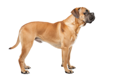 Brown English Mastiff and Bulldog puppies, purebred domestic canine friends, are isolated on white in a studio portrait