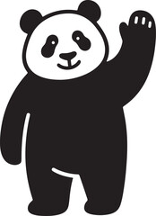 Panda waving cheerfully black and white, Friendly panda greeting illustration