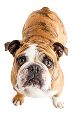 Fototapeta premium Cute English Bulldog puppy in a cap, isolated on white