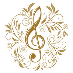 Golden treble clef with ornate swirls and floral motif