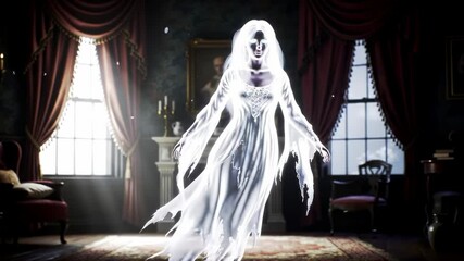 Glowing female ghost floating in Victorian parlor with eerie lighting. Halloween supernatural concept.
 - Powered by Adobe