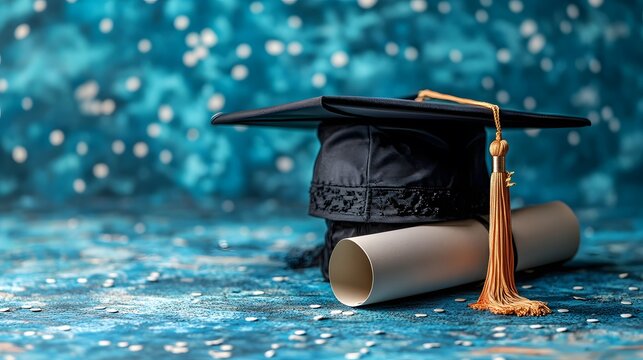 Elegant Graduation Ceremony Visual Highlighting a Classic Cap and Rolled Diploma Over a Soothing Blue Background for Alumni and Educational Promotions