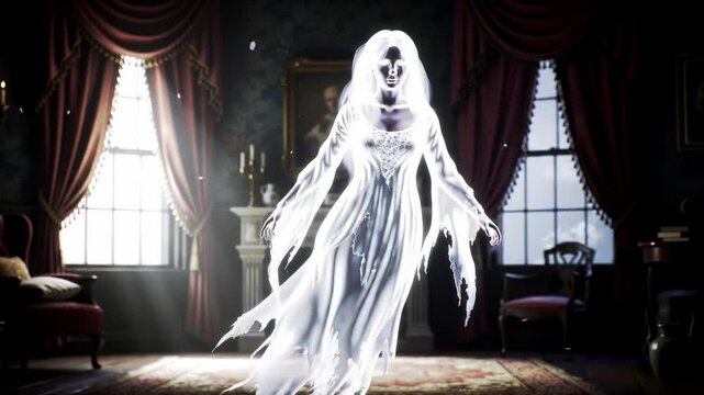 Glowing female ghost floating in Victorian parlor with eerie lighting. Halloween supernatural concept.
