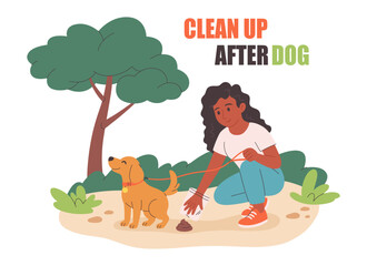 Clean up after your dog concept. Dog owner cleaning up dog waste. Pet care, environmental awareness waste disposal. Vector illustration in flat style